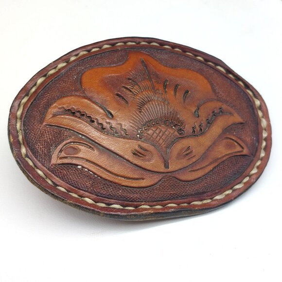 Vintage Handcrafted Leather Belt Buckle With Floral Design & Stitched Edges 4" - Picture 1 of 4
